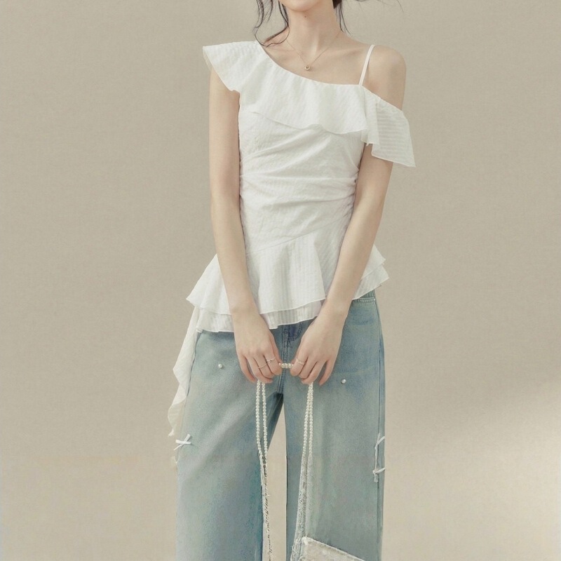 In Stock: White Asymmetrical Shoulder Shirt for Women, Summer Slim Fit Ruffled Blouse, Off-Shoulder Shirt