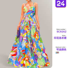 2026跨境夏新款欧美女装wish连衣裙度假印花多色露肩大摆吊带长款