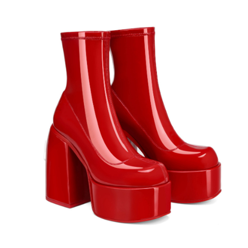Scarpe col tacco grosso da donna, nuove scarpe rosse alla moda, con testa quadrata, in vernice, con tubo centrale, stivali elastici da donna di grandi dimensioni_voghion.com