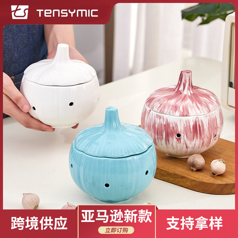 Nuevo tanque de almacenamiento de ajo hueco transfronterizo, cocina doméstica, a prueba de humedad y moho, tanque de almacenamiento de cabeza de ajo, tanque sellado de cerámica