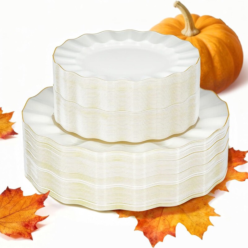 Plastic Disposable Dinner Plates, Thickened White with Gold Rim, Fan-Shaped Shell Wave Edge Plates, Party Round Plates