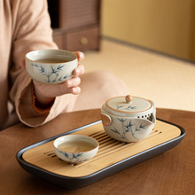 冰台釉手绘竹子快客杯一壶两杯便携旅行茶具户外随身陶瓷茶具套装