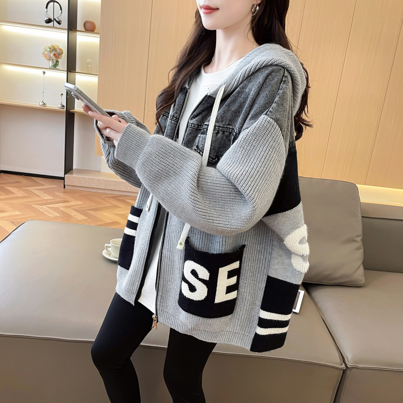 宽松慵懒风牛仔布拼接毛衣开衫女2025新款秋冬季韩版连帽针织外套|undefined