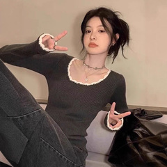 复古气质撞色大圆领长袖打底衫女秋冬时尚辣妹修身软糯上衣ins潮