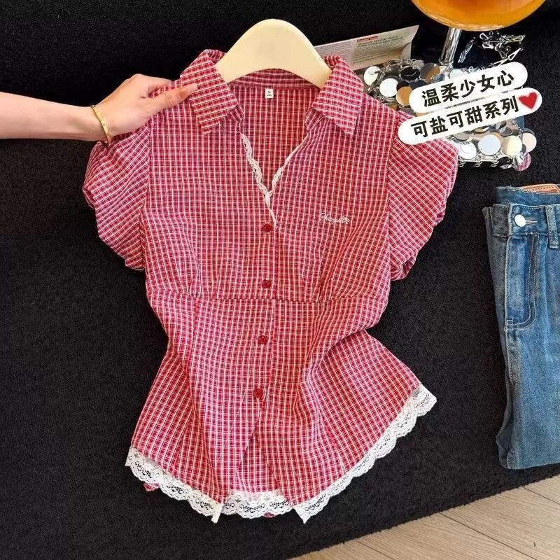 Red Lace Spliced Short-Sleeved Plaid Shirt Women's Top 2026 Summer New Style Super Nice Collared Shirt for Women Red Lace Spliced Short-Sleeved Plaid Shirt Women's Top 2026 Summer New Style Super Nice Collared Shirt for Women