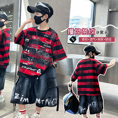 外国貿易卸売り男児2025服装綿質赤黒縞プリント半袖通気快適格好いいズボン