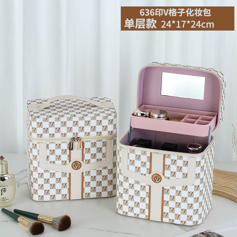 Caja de cosméticos a cuadros en forma de V transfronteriza, bolsa de almacenamiento para el cuidado de la piel portátil, caja de herramientas grande multifuncional portátil de alta gama para mujer