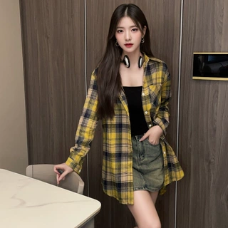 文艺棉麻衬衫女春秋薄款外套格子衬衣中长款休闲宽松复古别致上衣