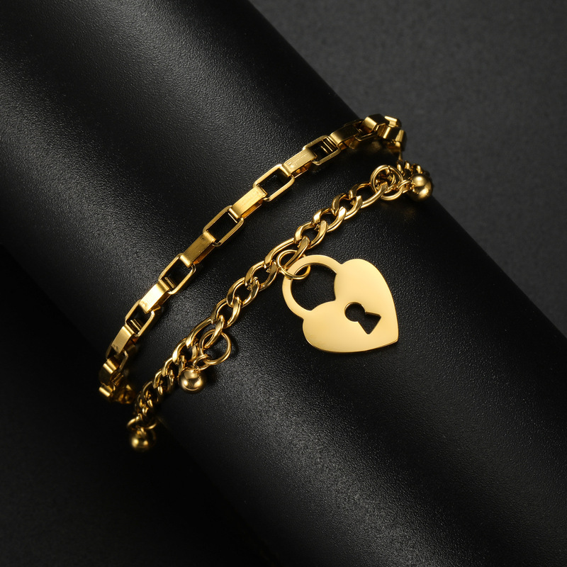 Double layer bracelet with round beads Figaro chain cross chain square chain love heart lock keychain pendant stainless steel bracelet