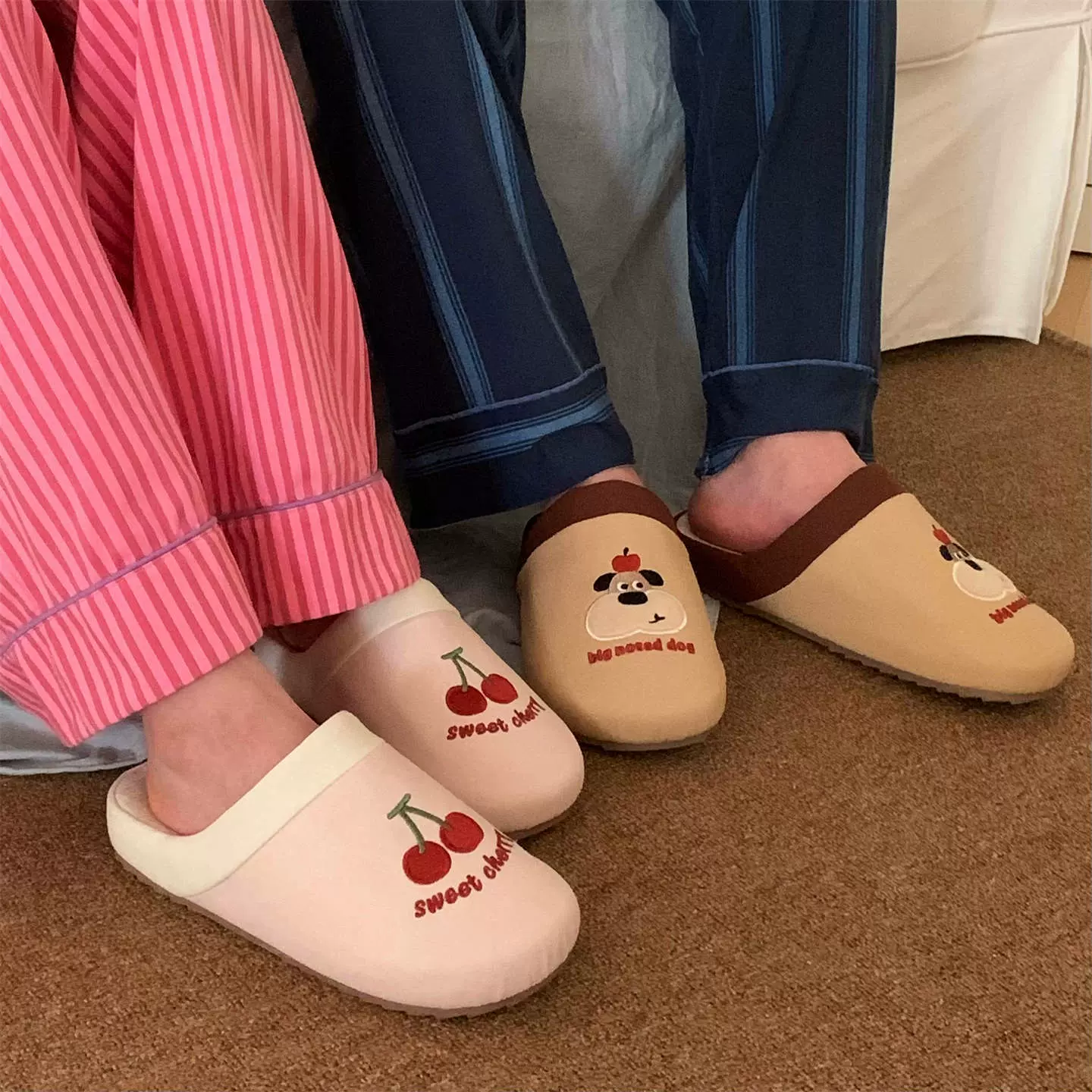四季通用情侣春夏居家亚麻拖鞋可爱樱桃小狗日式包头布艺拖鞋男女