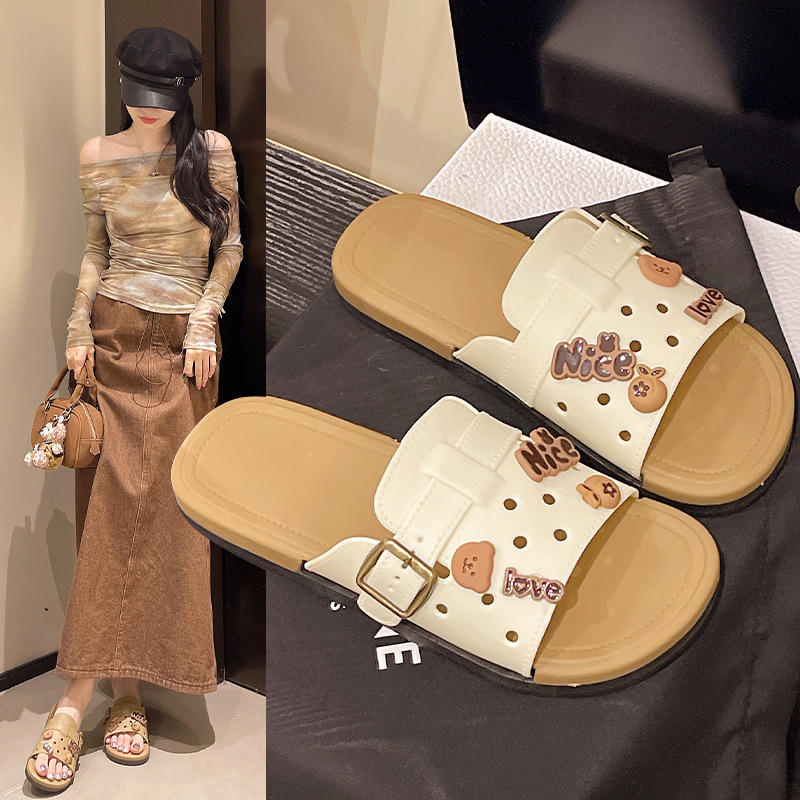 Flat Slippers for Women 2025 New Outer Wear Summer Cut Out Korean Style Soft Bottom Slippers with Skirt High-End Sandals