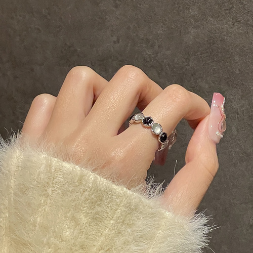  niche design bat cat's eye stone black and white gemstone open ring for women ins cold style French finger