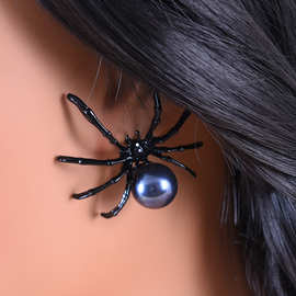 奇福欧美时尚个性万圣节耳饰轻奢黑珍珠蜘蛛耳钉耳饰新品潮流配饰