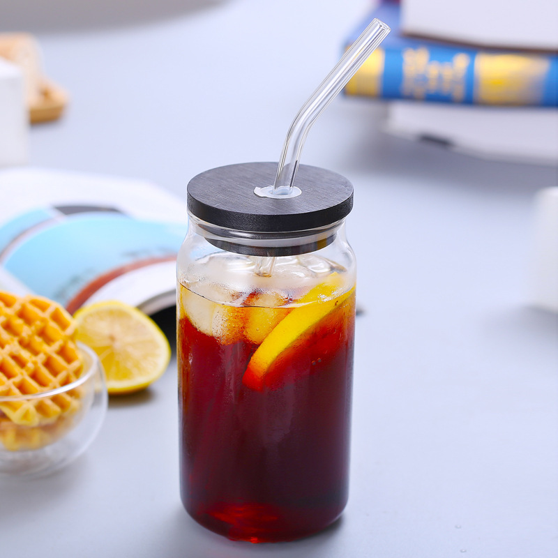 Vaso de vidrio con alto contenido de borosilicato Taza de paja Taza de bebida de jugo Taza de agua transparente de alta calidad Taza de lata de vidrio creativo