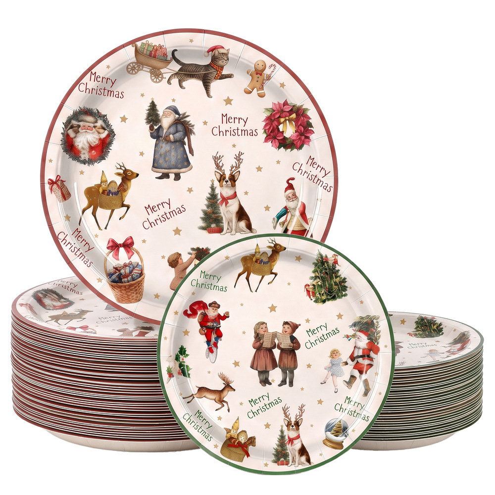 Retro fairy tale animal Christmas paper plates, European-style picture book Santa Claus, cat, dog, and reindeer designs, disposable party plates