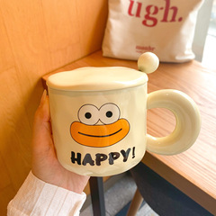 Cute Big Mouth Mark Cup with Lid and Spoon Ceramic Cup for Girls, Couples, Household, Children, Breakfast, Coffee Cup for Men