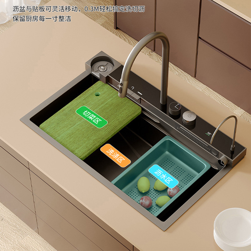 Fregadero de cocina de acero inoxidable 304 de 5 mm de grosor con desagüe lateral tipo panal, pantalla digital de funciones completas y un solo tanque grande.