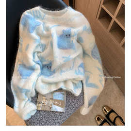 5030#重工设计感猫咪印花钉珠软糯套头女新款慵懒减龄马海毛针织