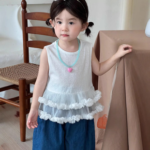 Summer 2025 Korean Style Girl's Three-Dimensional Flounce Sleeveless Vest Children's Stylish Lace T-Shirt Baby's Top
