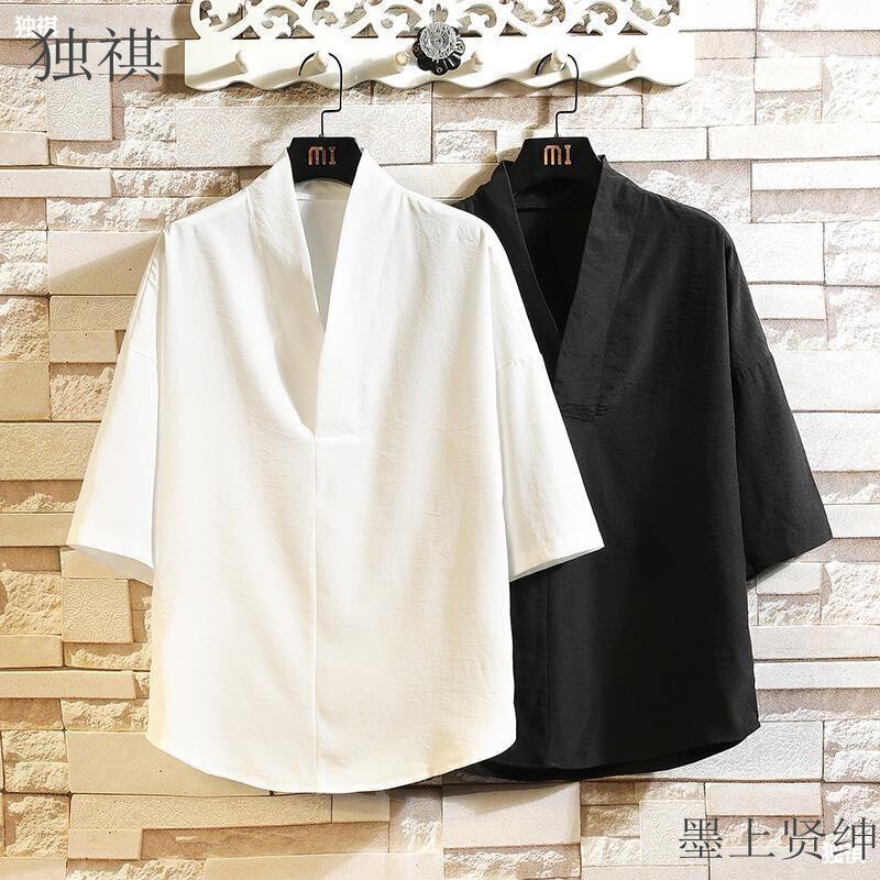 Summer Ice Silk T-shirt Men's Thin Loose V-neck Seven-sleeve Top Chinese Style Men's Clothing Fashion Brand Half-sleeve T-shirt Summer Ice Silk T-shirt Men's Thin Loose V-neck Seven-sleeve Top Chinese Style Men's Clothing Fashion Brand Half-sleeve T-shirt