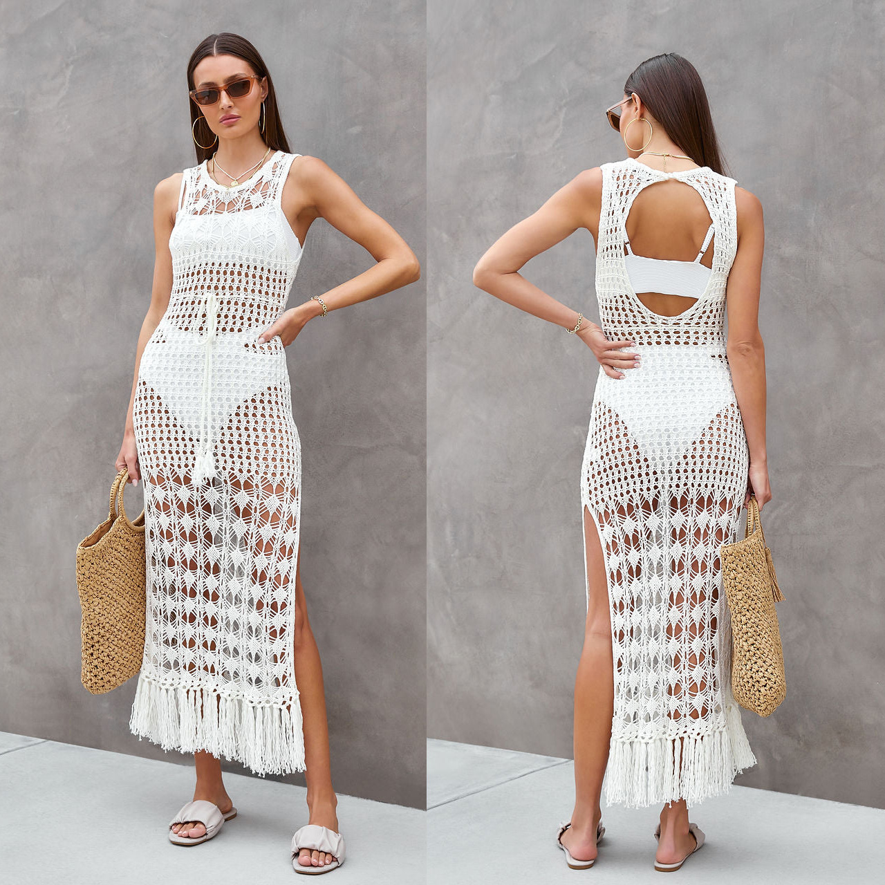 175g Weight Sleeveless Sleeve Length Pullovers Placket Type Polyester Fabric Type Women's Beach Solid Color Hollow Out Cover Ups