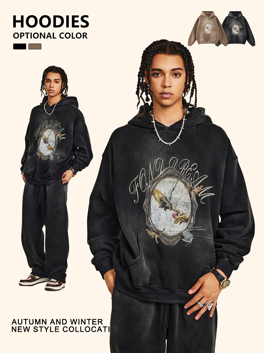 BE ropa de hombre | 2025 otoño más terciopelo engrosamiento marca de moda americana original lavado y viejo suéter con capucha para hombres y mujeres del mismo estilo image 5