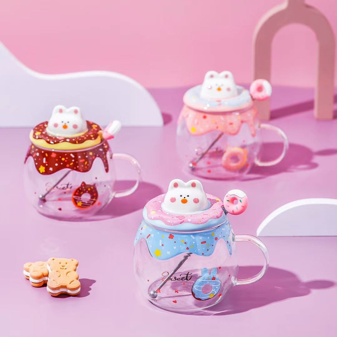 Donut de dibujos animados regalo personalizado de cristal lindo conejo de dibujos animados taza de café fresco de verano con tapa taza de cuchara