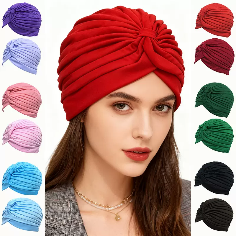 亚马逊阿拉伯头巾瑜伽帽跨境纯色褶皱头巾简约弹力包头印度帽批发