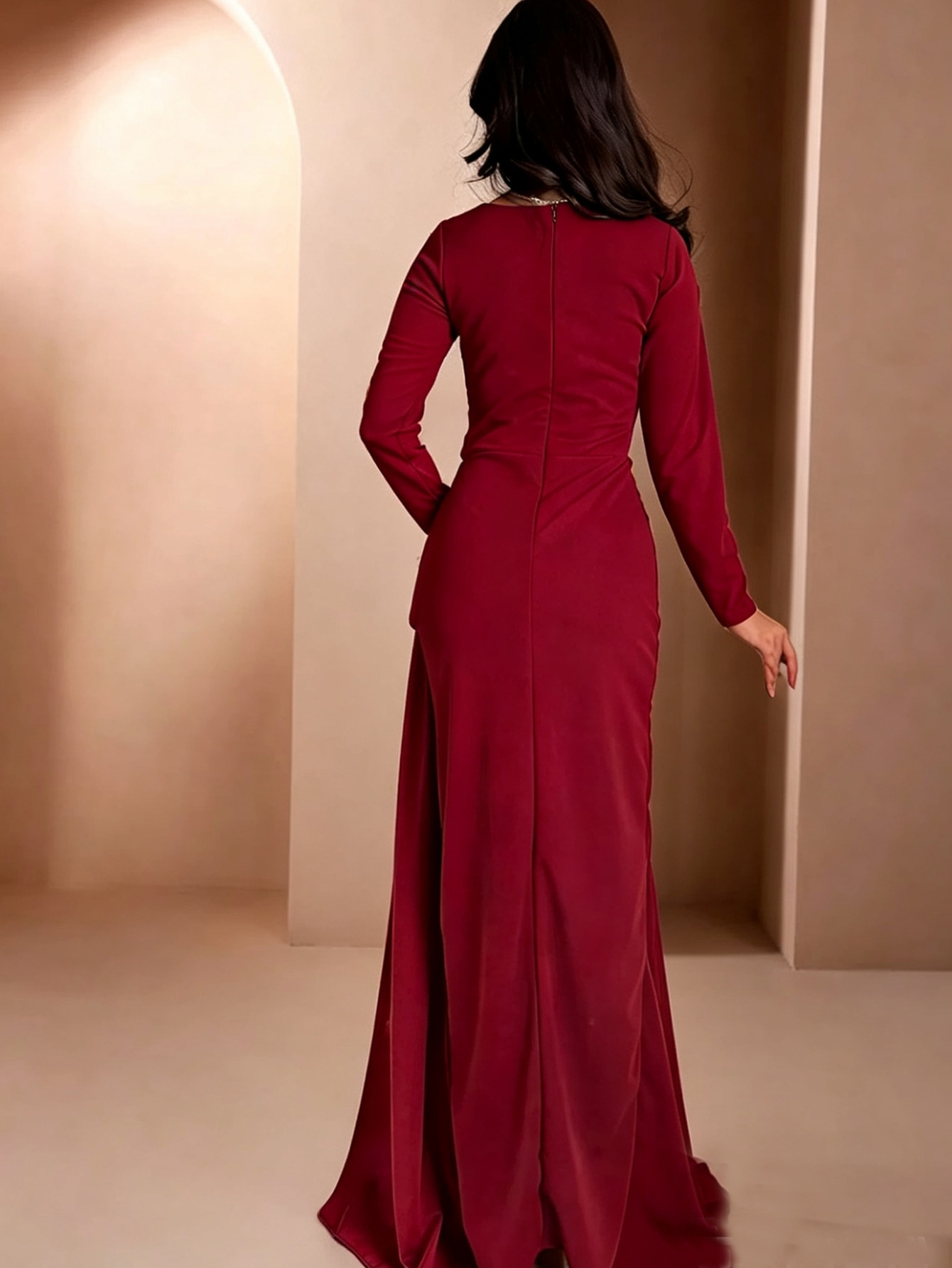 877W transfronterizo de moda europea y americana cuello redondo mangas largas de cintura correa temperamento delgado vestido de alfombra roja larga