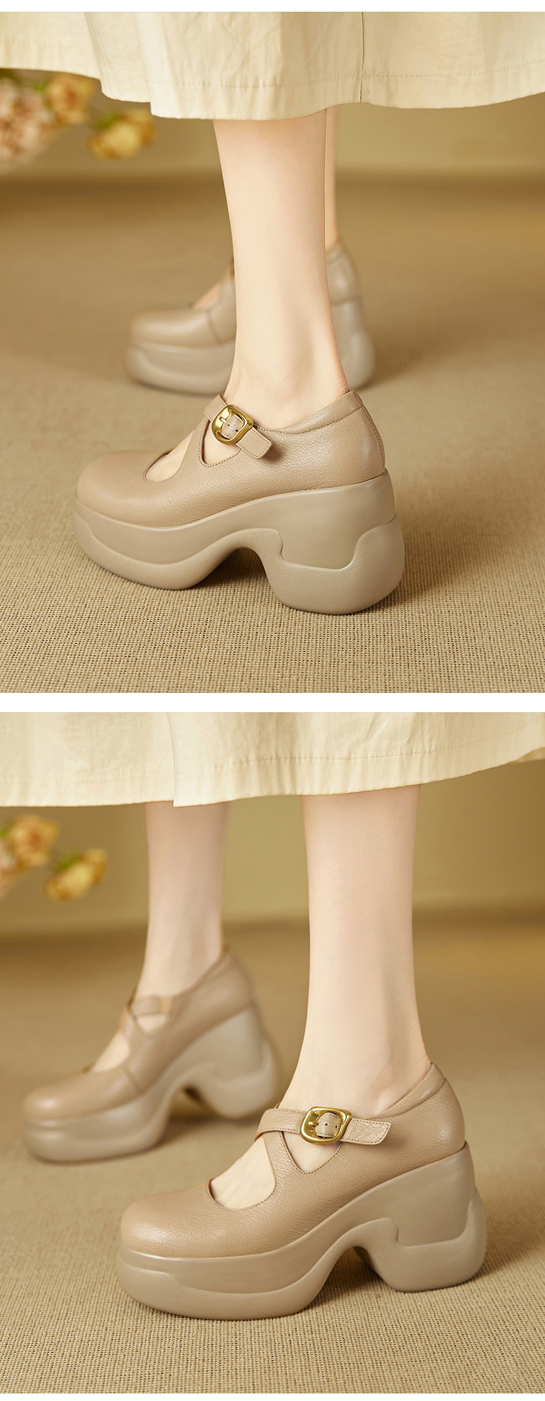 Giày cao gót Mary Jane nữ mũi tròn da cừu khóa chéo gót 9 cm — đen chi tiết 6