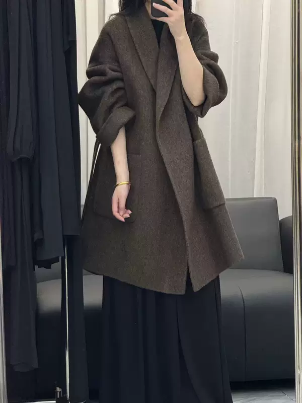 Длинный двусторонний шерстяной халат, средняя длина, oversize, стиль высокого качества
