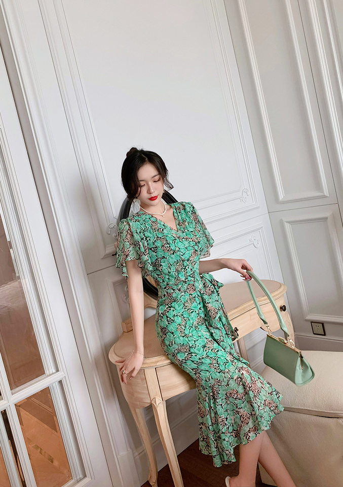 Váy maxi đuôi cá voan xếp tầng kiểu Pháp tay bồng che khuyết điểm — Màu xanh lá chi tiết 16