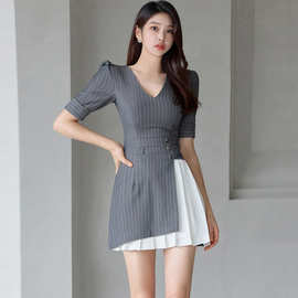 5190跨境新款韩版修身气质V领条纹拼接压褶裙时尚职业连衣裙