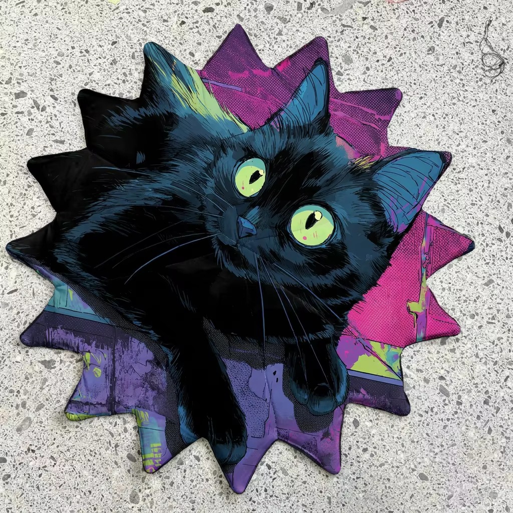 Black Cat Flowing Star Spinning Toy - Pop Art Style Purple and Pink Background Spinning Handkerchief, dap