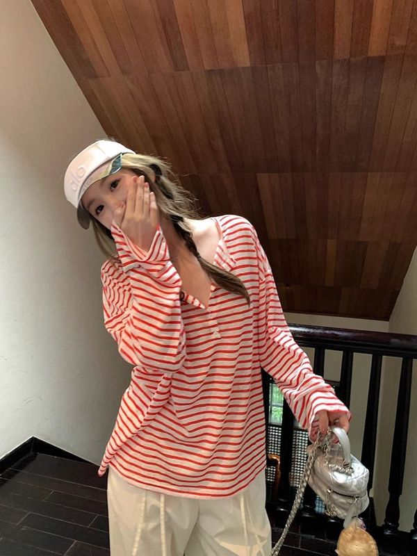 天丝罗纹 韩系穿搭慵懒风撞色条纹长袖防晒罩衫女夏长袖T恤上衣|undefined
