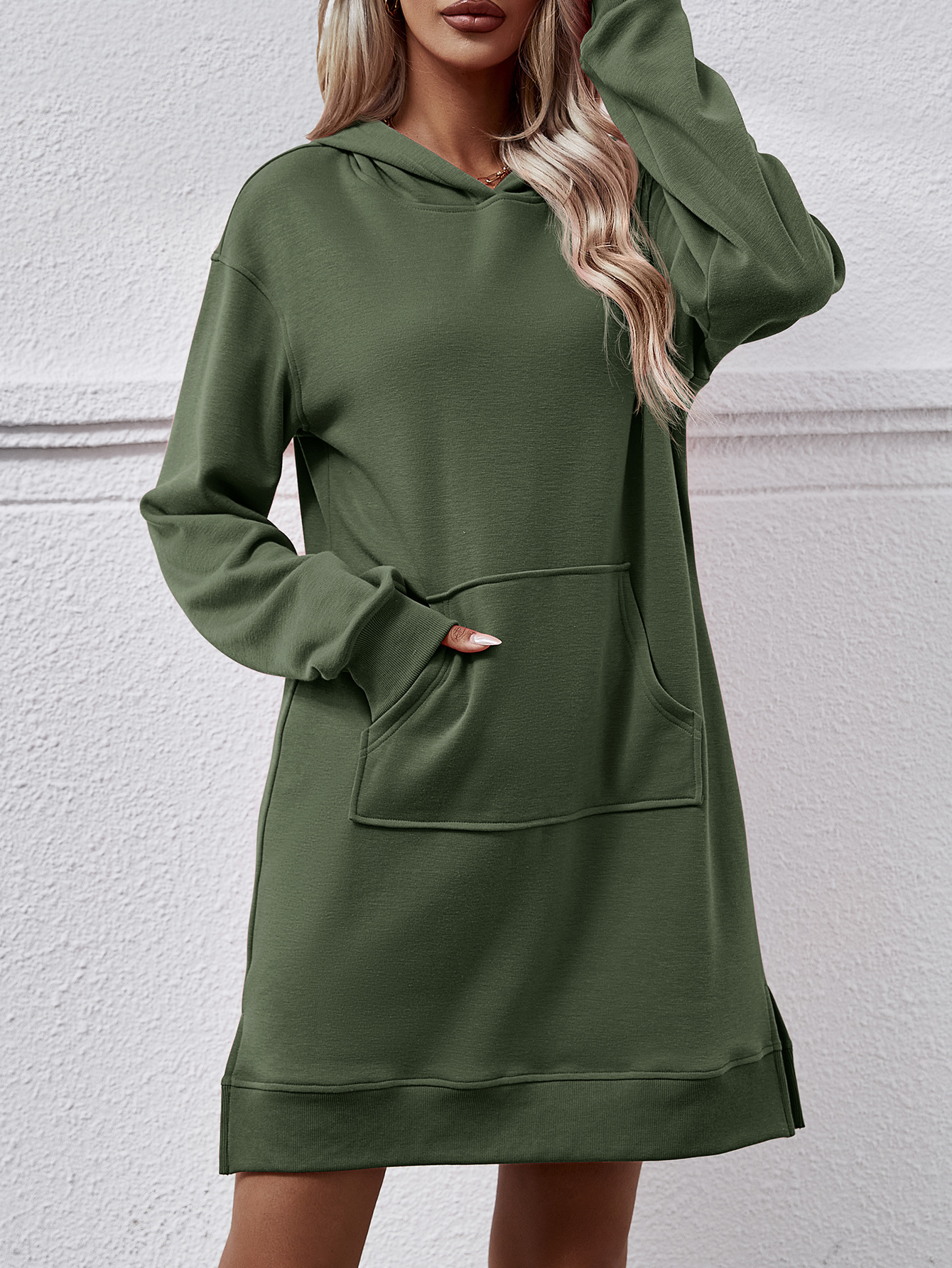 Autumn Winter Women Clothing Hooded Long Sleeve Kangaroo Pocket Split Long Sweater Dress
