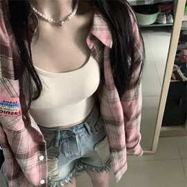 韩版hiphop复古撞色格子长袖衬衫女秋夏宽松oversize情侣百搭衬衣
