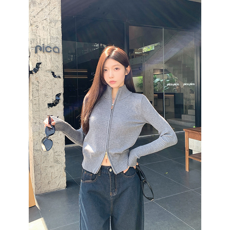 Designed Double Zipper Stand Collar Thick Knitted Cardigan for Women Autumn and Winter Small Loose Short Elegant Sweater Jacket Designed Double Zipper Stand Collar Thick Knitted Cardigan for Women Autumn and Winter Small Loose Short Elegant Sweater Jacket