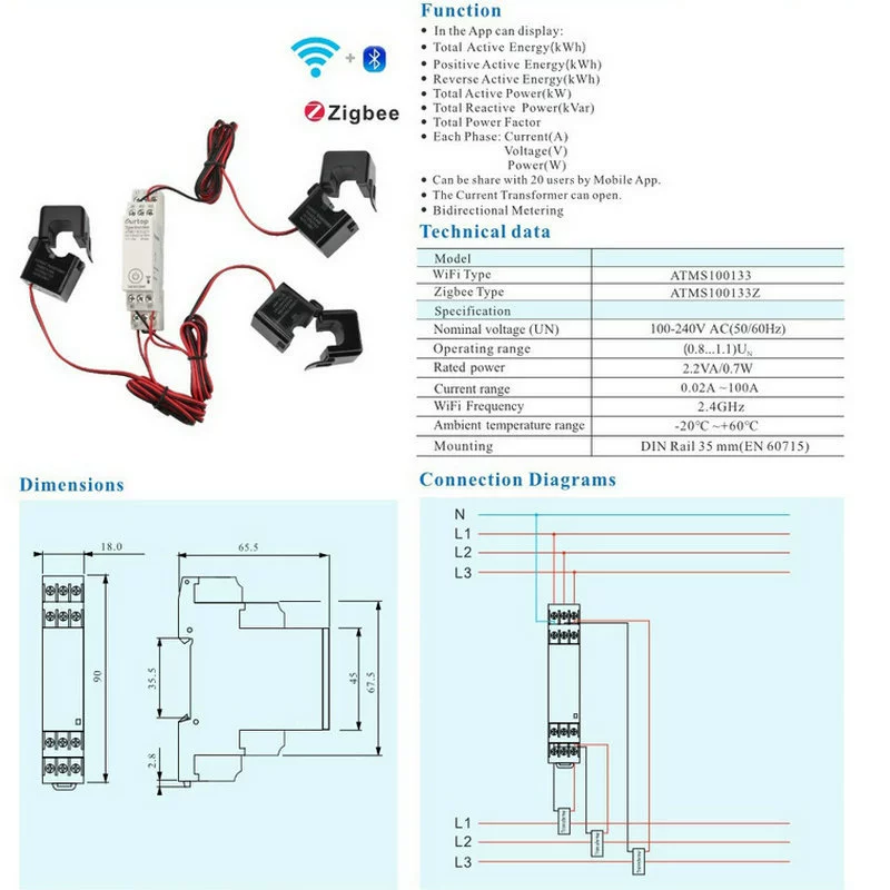 Трехфазный Zigbee умный счетчик ATMS100133Z с мобильным приложением, многофункциональная рейка с измерителем энергии 0~100A