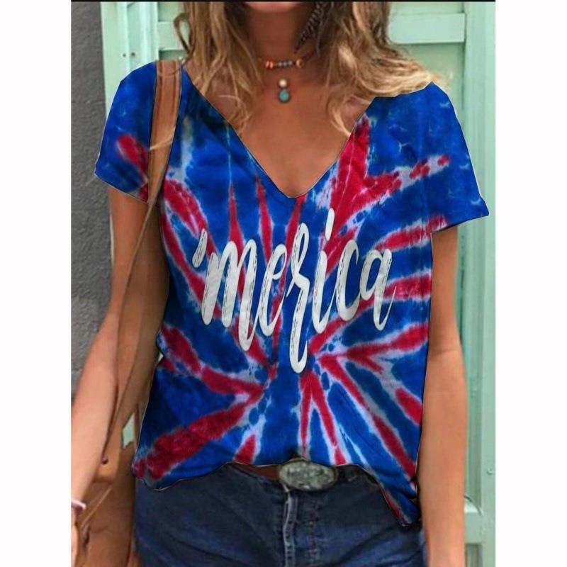 New American Independence Day Festival Digital Printing Ladies V Neck 3D Printing Large Size Casual T-Shirt Manufacturer Wholesale New American Independence Day Festival Digital Printing Ladies V Neck 3D Printing Large Size Casual T-Shirt Manufacturer Wholesale