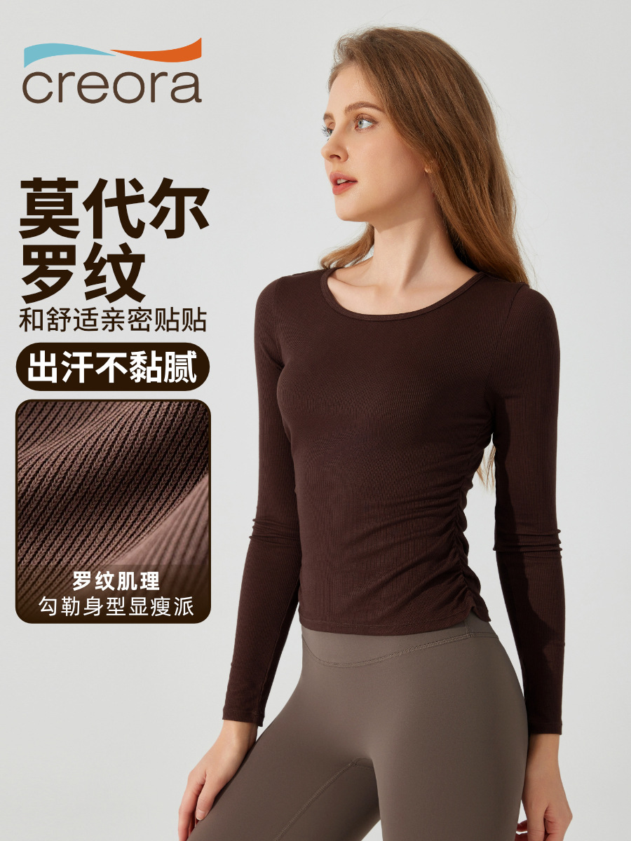 Otoño y invierno desnudos de yoga plegado piel delgada cuello redondo chaqueta deportiva casual camiseta de mangas largas de mujeres fitness