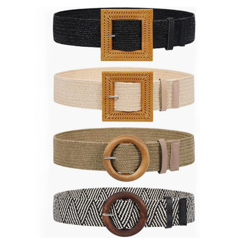 Cinturón Ancho de Tejido de Lino para Mujer, con Hebilla de Madera, Estilo Bohemio