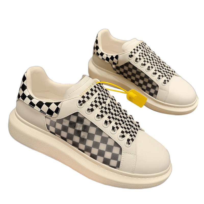 Checkerboard White Leather Casual Sneakers For Men Thick Sole_voghion.com