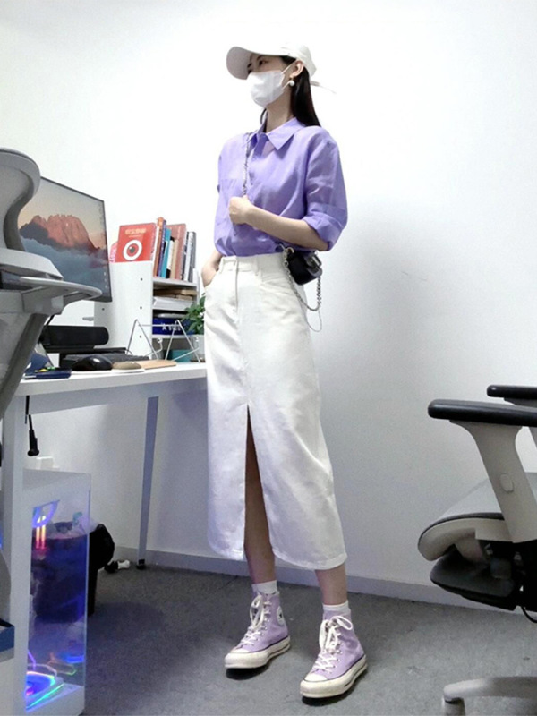 早秋季女装2025茶系穿搭高级感通勤风多巴胺紫色衬衫连衣裙子套装|undefined