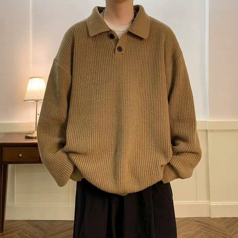 Autumn and winter men's polo collar sweater, loose and trendy, Hong Kong style, versatile, long-sleeved, solid color, casual knit top