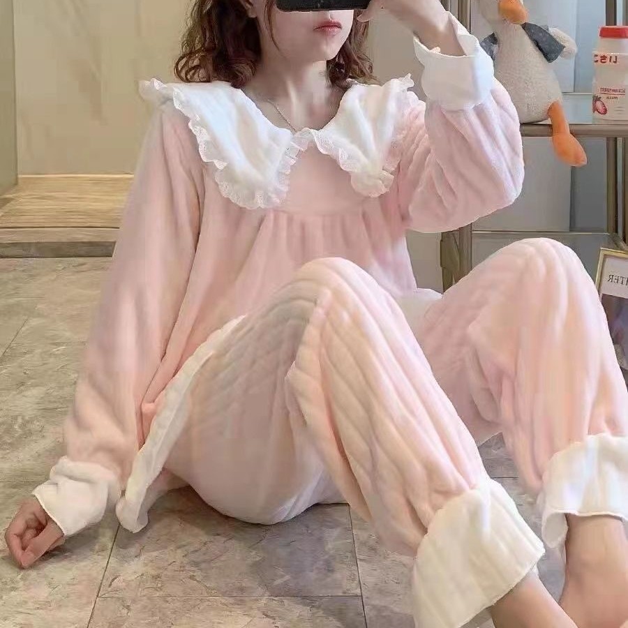 Pijamas de coral al por mayor transfronterizos mujeres otoño y invierno estilo coreano dulce lindos princesas ropa de casa franela engrosado conjunto