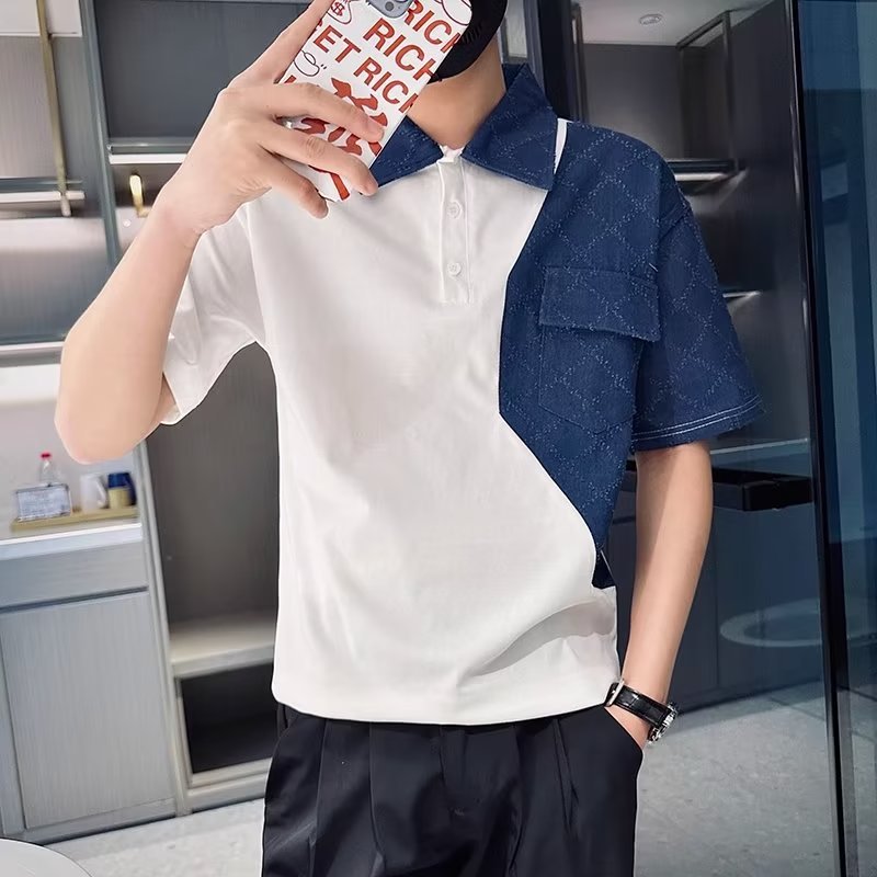 Tendencia 2024 nueva moda social chico verano camiseta de manga corta camiseta masculina bordado camiseta de media manga solapa polo