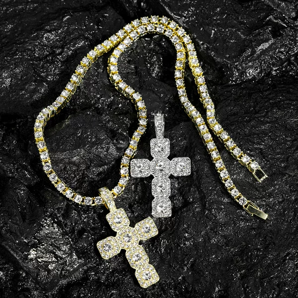 Cross-Border Hip-Hop Rock Candy Cross Pendant Necklace Full of Diamonds Paired with 4mm Tennis Chain Men's Jewelry Trendy Style