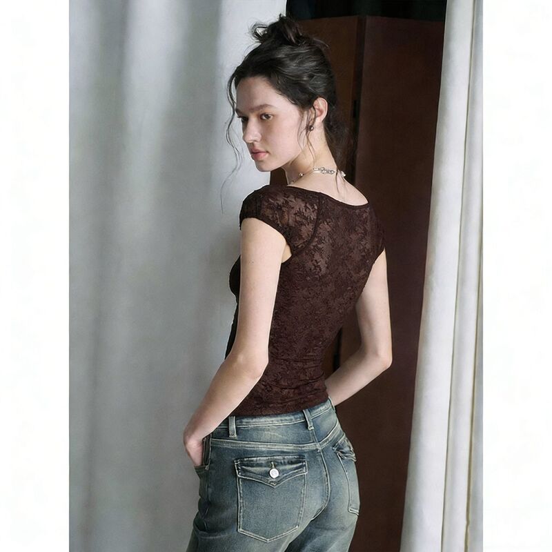 American Retro Coffee-Colored Square-Neck Short-Sleeve T-Shirt for Women, New Spring Style, Slim Fit, Trendy Versatile Top