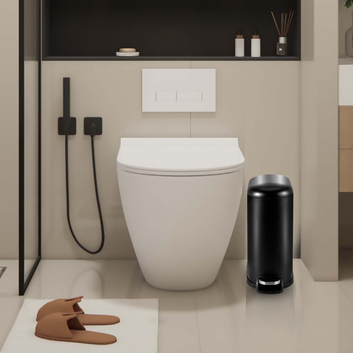 Bote de basura de tapa fija de 10 litros para el hogar negro mate, pie hacia abajo, silencioso, cubo sanitario con tapa, cubo de limpieza de cocina